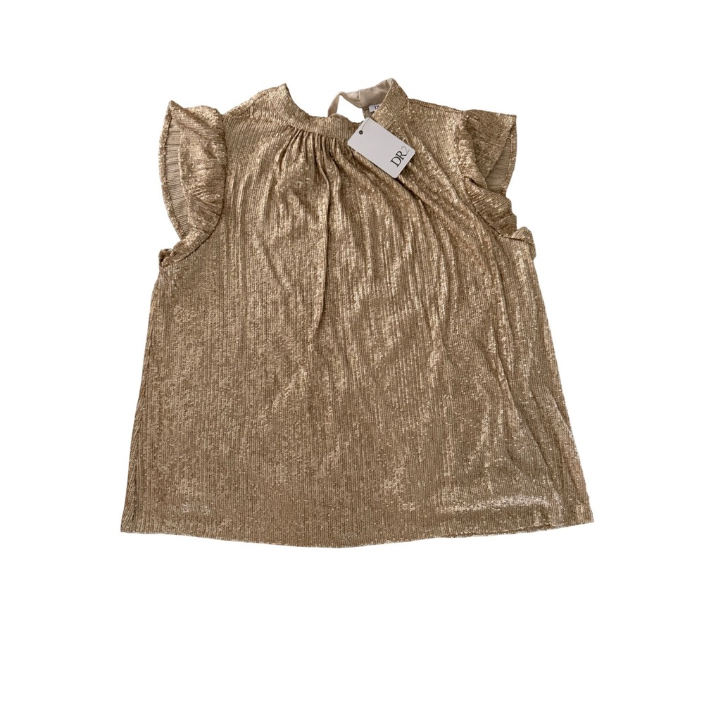 DR2 by Daniel Rainn Gold Sequin Flutter Sleeve Mock Neck Bow Back Top XL